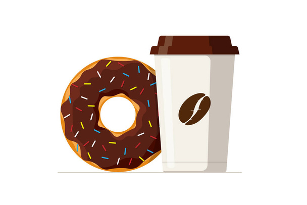 Мультфильм красочные вкусные шоколадные пончики и одноразовые бумажные чашки кофе. Застеклённый пончик с вектором горячих напитков
 - Вектор,изображение