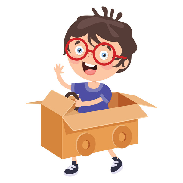 Happy Kid Playing With Cardboard Costumes - Vector, Image