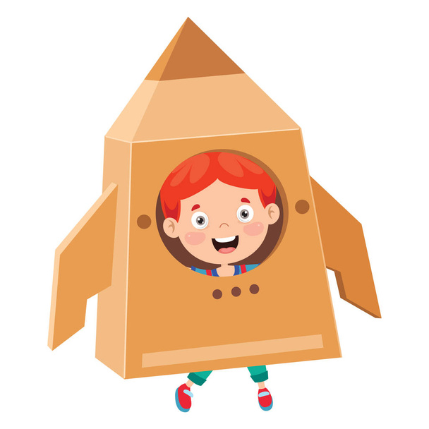 Happy Kid Playing With Cardboard Costumes - Vector, Image