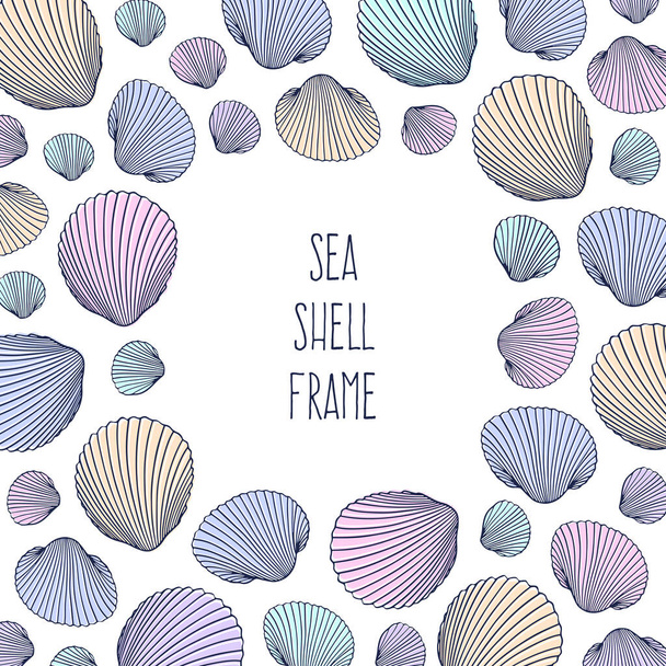Border shell frame. Vector Illustration of hand drawn seashells in doodle style. Beach design. - Vector, Image