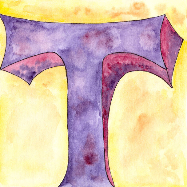 illustration de la lettre T de l'alphabet anglais et latin avec texture aquarelle, symbole de police T. Lettrage élément violet isolé sur jaune
. - Photo, image