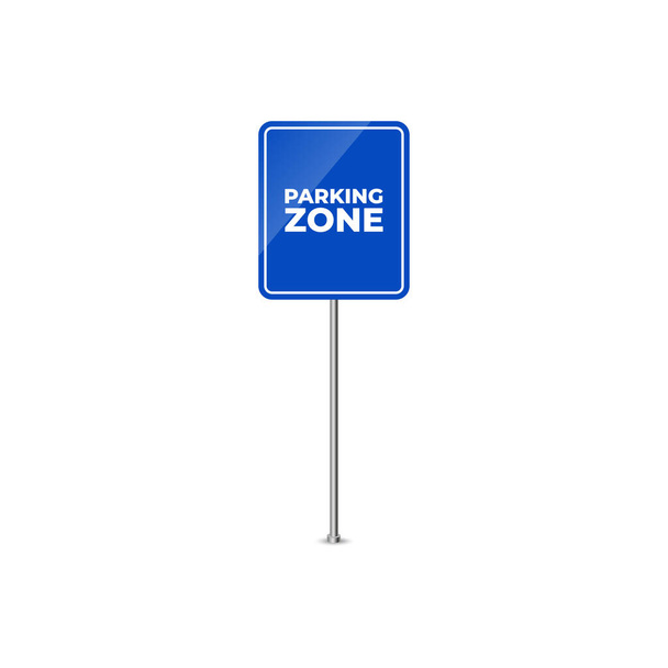 Parking road sign blank. Parking place for car. Transport park zone. Roadsign regulation. Transportation parking place. Glossy blue icon for street parking. Guidepost metal pole Vector illustration - Vector, Image