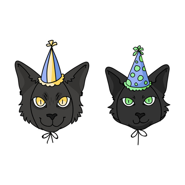 Cute cartoon Bombay kitten and cat with party hat vector clipart. Pedigree kitty breed for cat lovers. Celebration for pet parlor illustration mascot. Isolated feline housecat. EPS 10. - Vector, Image
