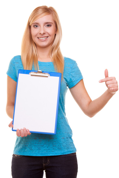 woman college student girl holds clipboard and points - Foto, afbeelding
