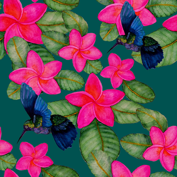 Mooie aquarel naadloos patroon met vogels en tropische bloemen en bladeren. Heldere zomerprint voor elke vorm van design. Exotische jungle dier behang. Modeprint. - Foto, afbeelding