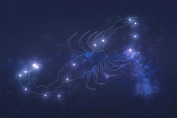 Scorpio αστέρια αστερισμών στο διάστημα με το σχήμα ενός scorpio σε γραμμές. Ζώδιο Σκορπιός αστερισμών αστερισμών. Στοιχεία αυτής της εικόνας ήταν επιπλωμένα από τη NASA - Φωτογραφία, εικόνα