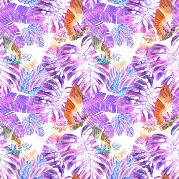 Beautiful watercolor seamless pattern with birds and tropical flowers and leaves. Bright summer print for any kind of design. Exotic jungle animal wallpaper. Fashion print. - Foto, Bild