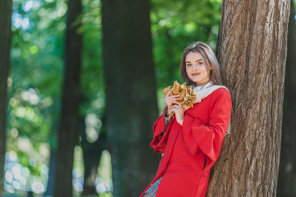 Portrait of young girl in the autumn weather in warm clothes near tree, holding a bundle of leaves. - Foto, Imagem