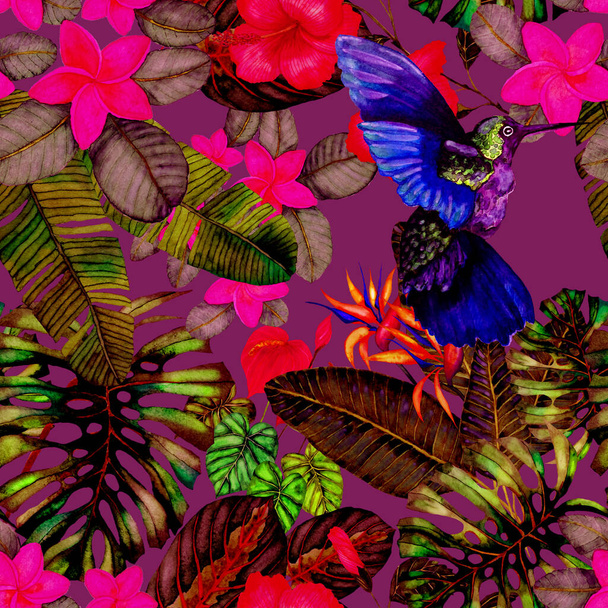 Magnifique motif aquarelle sans couture avec des oiseaux et des fleurs et feuilles tropicales. Impression d'été lumineuse pour tout type de design. Fond d'écran animal jungle exotique. Impression mode
. - Photo, image