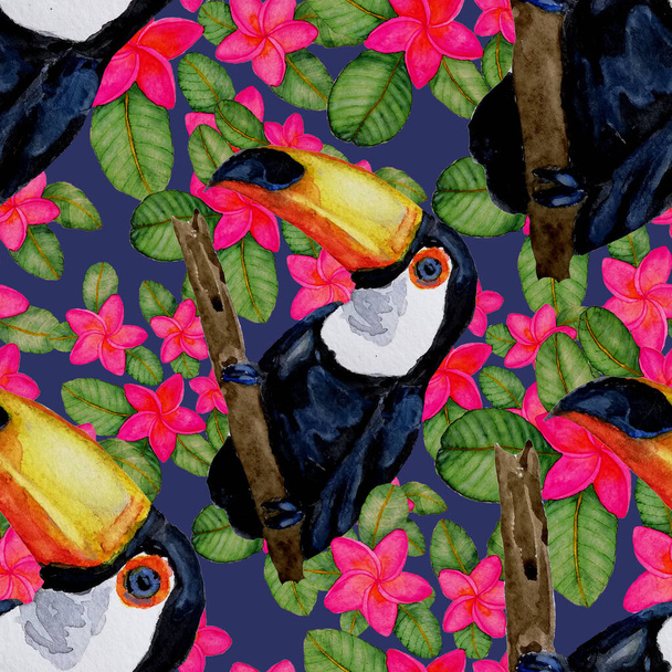 Beautiful watercolor seamless pattern with birds and tropical flowers and leaves. Bright summer print for any kind of design. Exotic jungle animal wallpaper. Fashion print. - Φωτογραφία, εικόνα