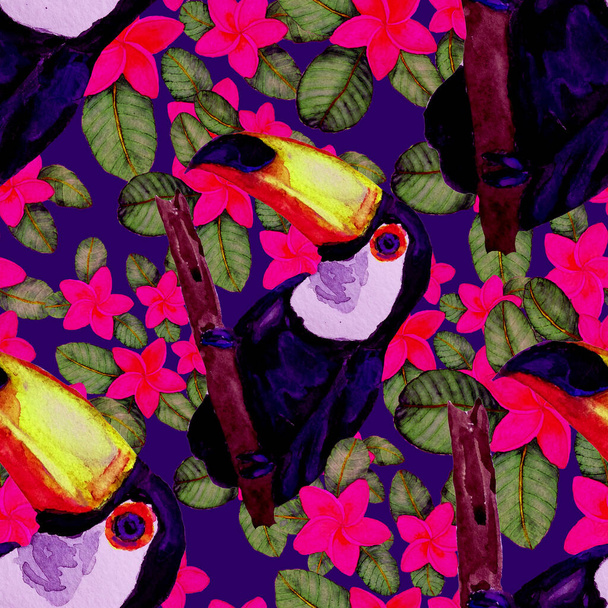 Красивий акварельний безшовний візерунок з птахами, тропічними квітами та листям. Яскравий літній принт для будь-якого виду дизайну. Екзотичні шпалери для тварин джунглів. Модний принт
. - Фото, зображення