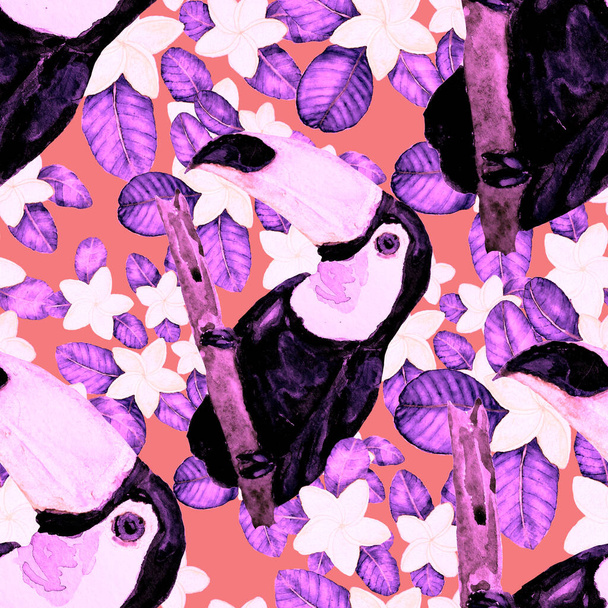 Beautiful watercolor seamless pattern with birds and tropical flowers and leaves. Bright summer print for any kind of design. Exotic jungle animal wallpaper. Fashion print. - 写真・画像