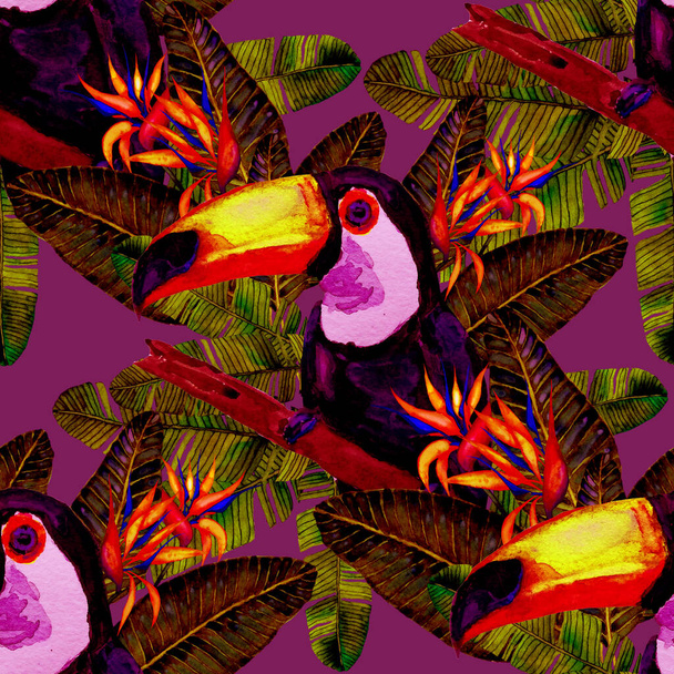 Gyönyörű akvarell zökkenőmentes minta madarak és trópusi virágok és levelek. Fényes nyári nyomtatás bármilyen formatervezéshez. Egzotikus dzsungel állati tapéta. Divatnyomtatás. - Fotó, kép