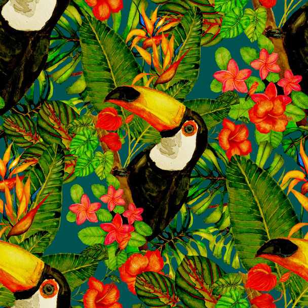 Padrão sem costura aquarela bonita com pássaros e flores e folhas tropicais. Impressão de verão brilhante para qualquer tipo de design. Papel de parede animal da selva exótica. Impressão de moda
. - Foto, Imagem