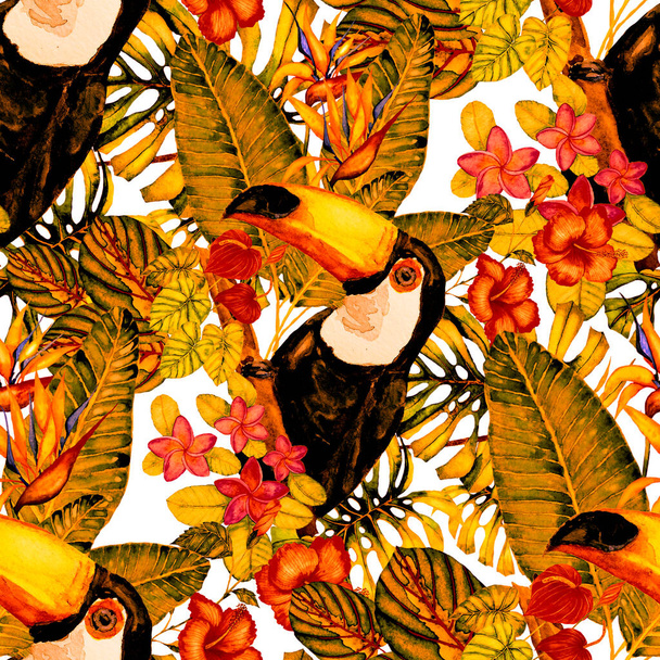Krásná akvarel bezešvný vzor s ptáky a tropické květiny a listy. Jasné letní potisky pro jakýkoliv design. Exotické tapety na zvířata z džungle. Módní tisk. - Fotografie, Obrázek