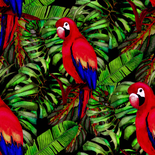 Krásná akvarel bezešvný vzor s ptáky a tropické květiny a listy. Jasné letní potisky pro jakýkoliv design. Exotické tapety na zvířata z džungle. Módní tisk. - Fotografie, Obrázek