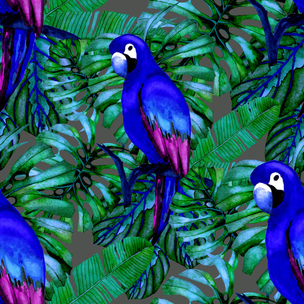 鳥や熱帯の花や葉と美しい水彩シームレスパターン。どんなデザインのための明るい夏のプリント。エキゾチックなジャングルの動物の壁紙。ファッション｜print. - 写真・画像