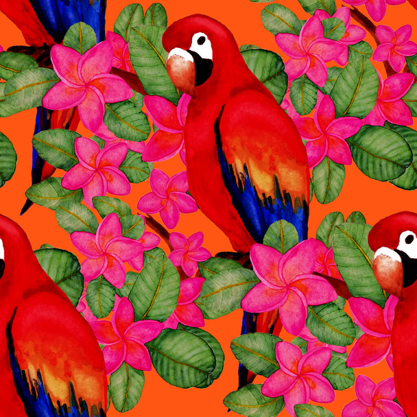 Beautiful watercolor seamless pattern with birds and tropical flowers and leaves. Bright summer print for any kind of design. Exotic jungle animal wallpaper. Fashion print. - Photo, Image