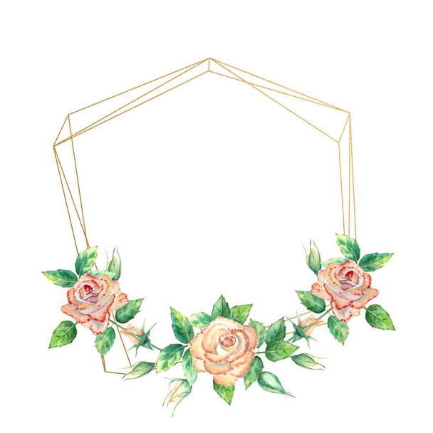 Gold geometric frame decorated with flowers. Peach roses, green leaves, open and closed flowers. Watercolor illustration. - Fotografie, Obrázek