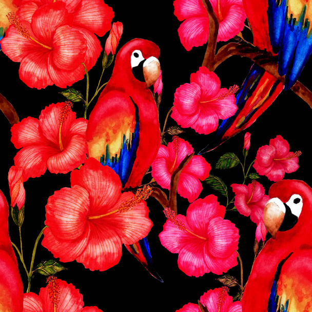 Schöne Aquarell nahtlose Muster mit Vögeln und tropischen Blumen und Blättern. Heller Sommerprint für jede Art von Design. Exotische Dschungeltier Tapete. Modedruck. - Foto, Bild