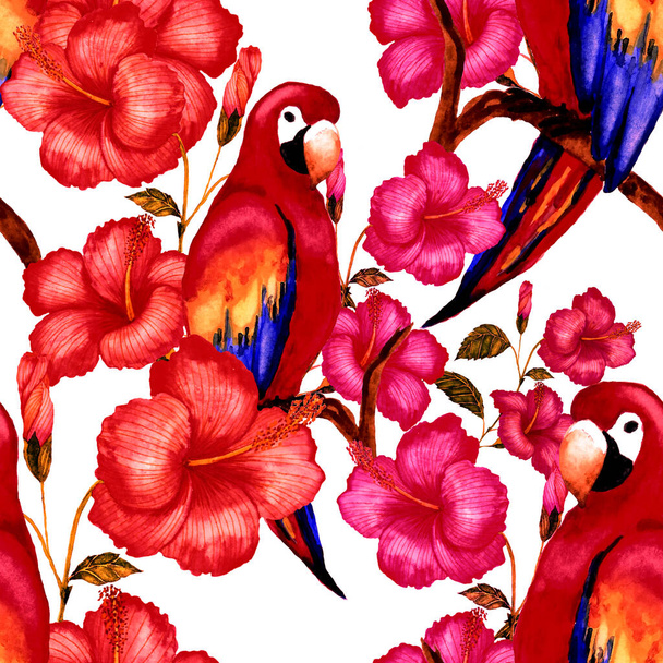 Mooie aquarel naadloos patroon met vogels en tropische bloemen en bladeren. Heldere zomerprint voor elke vorm van design. Exotische jungle dier behang. Modeprint. - Foto, afbeelding