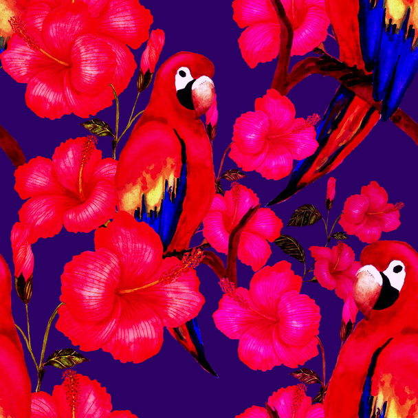 Magnifique motif aquarelle sans couture avec des oiseaux et des fleurs et feuilles tropicales. Impression d'été lumineuse pour tout type de design. Fond d'écran animal jungle exotique. Impression mode
. - Photo, image