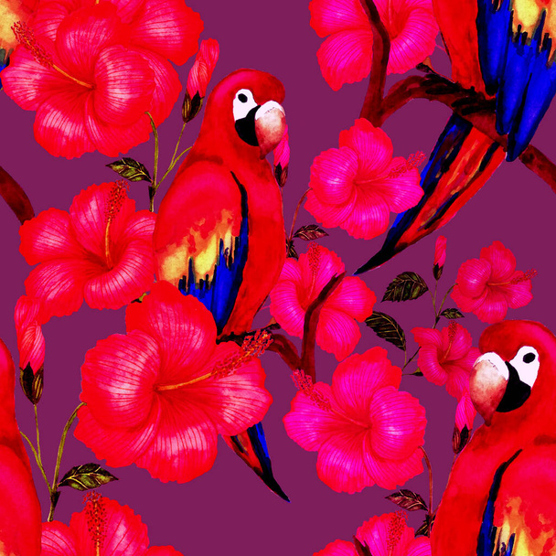 Красивий акварельний безшовний візерунок з птахами, тропічними квітами та листям. Яскравий літній принт для будь-якого виду дизайну. Екзотичні шпалери для тварин джунглів. Модний принт
. - Фото, зображення