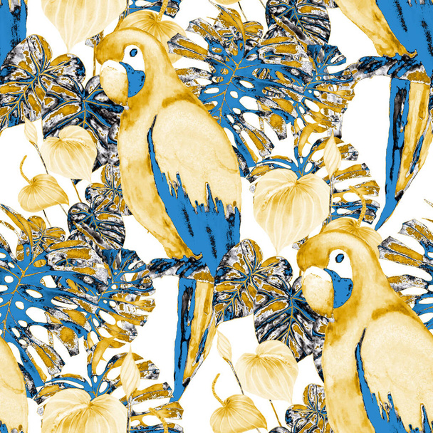 Beautiful watercolor seamless pattern with birds and tropical flowers and leaves. Bright summer print for any kind of design. Exotic jungle animal wallpaper. Fashion print. - Foto, Imagem