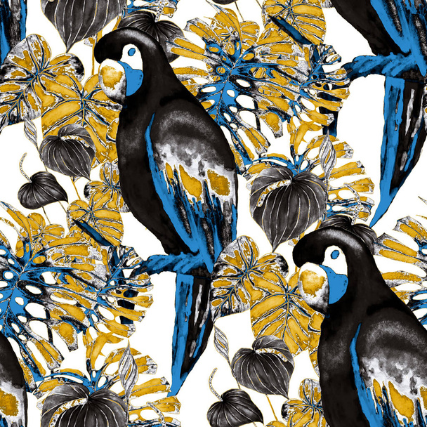 Beautiful watercolor seamless pattern with birds and tropical flowers and leaves. Bright summer print for any kind of design. Exotic jungle animal wallpaper. Fashion print. - Photo, image