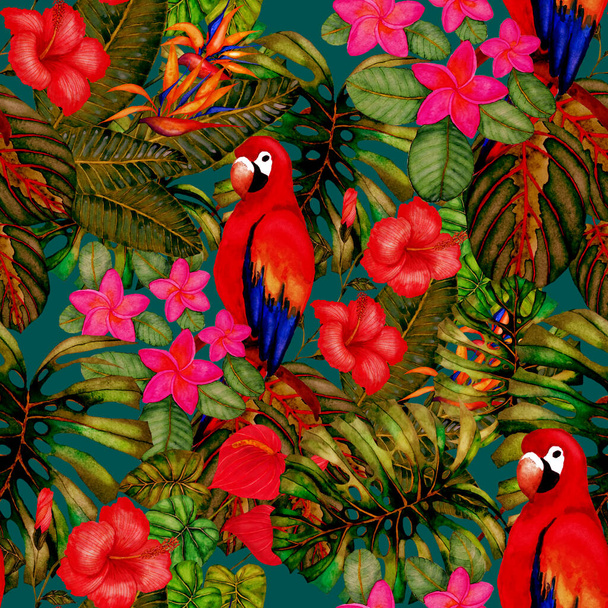 Kuşların, tropik çiçeklerin ve yaprakların olduğu kusursuz bir suluboya deseni. Her türlü tasarım için parlak bir yaz baskısı. Egzotik orman hayvanı duvar kağıdı. Moda baskısı. - Fotoğraf, Görsel