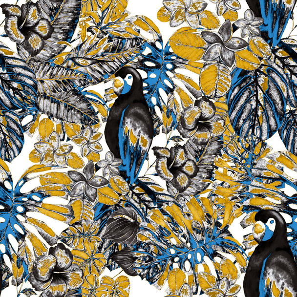 Beautiful watercolor seamless pattern with birds and tropical flowers and leaves. Bright summer print for any kind of design. Exotic jungle animal wallpaper. Fashion print. - Photo, Image