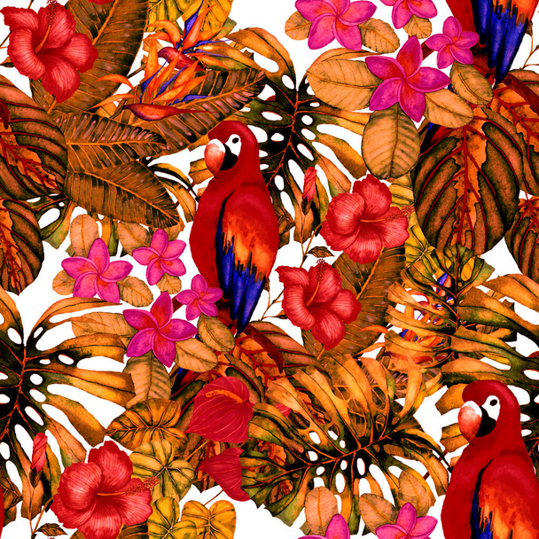 Hermoso patrón de acuarela sin costuras con aves y flores y hojas tropicales. Estampado de verano brillante para cualquier tipo de diseño. Fondo de pantalla de animales de selva exótica. Moda impresión
. - Foto, imagen