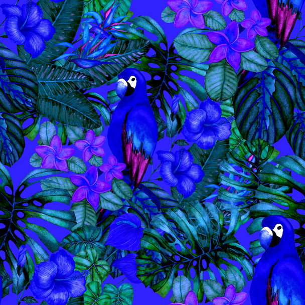 Kaunis akvarelli saumaton kuvio lintuja ja trooppisia kukkia ja lehtiä. Kirkas kesäprintti kaikenlaiseen suunnitteluun. Eksoottinen viidakon eläin tapetti. Muoti tulosta
. - Valokuva, kuva