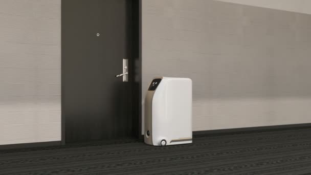 Szállító robotok szállít csomagot a szállodában, egy szállítás lifttel. Érintetlen szállítási koncepció. 3D renderelés animáció. - Felvétel, videó