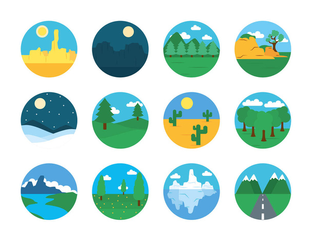 mountains and Landscapes icon set, flat style - Vektor, kép