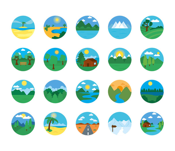 wooden cabins and landscapes icon set, flat style - Vektor, Bild