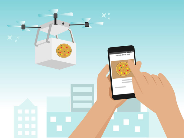 Drone Delivery Food. La gente usa la aplicación Smartphone para ordenar alimentos. Evite salir al exterior en la situación pandémica del Coronavirus (Covid-19)
. - Vector, Imagen