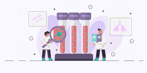 Medical scientists study coronavirus structure from blood sample and the other one hold magnifying glass and examine virus. Concept health science character design. - Vector, Image