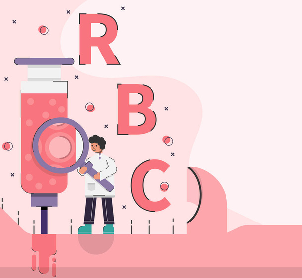Medical scientist stand on giant arm and examine red blood cells in big syringe with magnifying glass. Concept medical science vector illustration. - Vector, Image