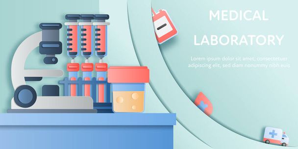 Paper layer art style of microscope, blood sample in test tube, syringe and needle and urine specimen in container on laboratory table. Concept health science vector illustration. - Vector, Image