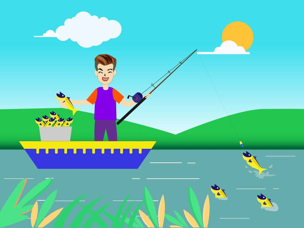  There was a young man fishing on a boat on a holiday. And can fish a lot - Vector, Image