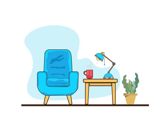 Coin détente avec fauteuils, arbres et tables
 - Vecteur, image