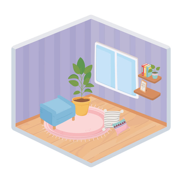 sweet home footrest furniture carpet cushion shelves and window decoration isometric isolated design - Vector, Image