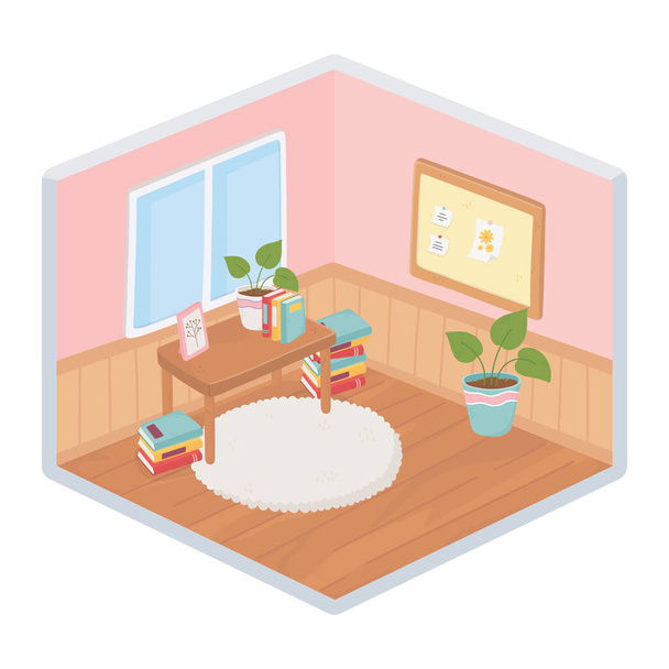 sweet home room table books plant carpet frame window decoration isometric isolated design - Vector, Image