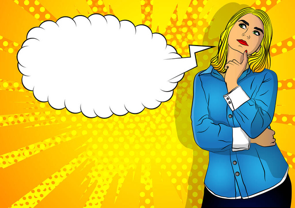 Portrait of happy young positive woman holding finger front of her jaw, thinking. Caucasian girl mulling. Comic book style, cartoon vector - Vector, Image