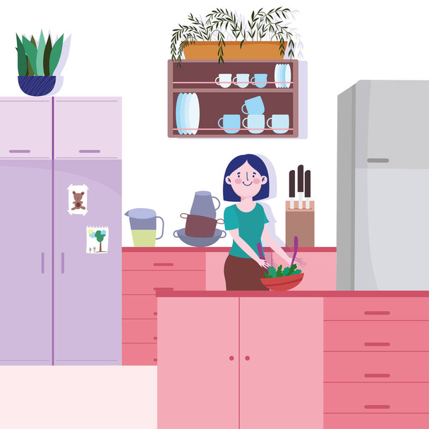 persone cucina, donna con verdure in cucina ciotola
 - Vettoriali, immagini