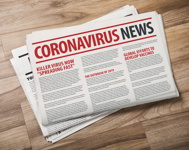 コロナウイルス新聞のモックアップ、木製テーブル上の紙メディアプレス生産コンセプトの見出しとCOVID-19の関連ニュース - 写真・画像
