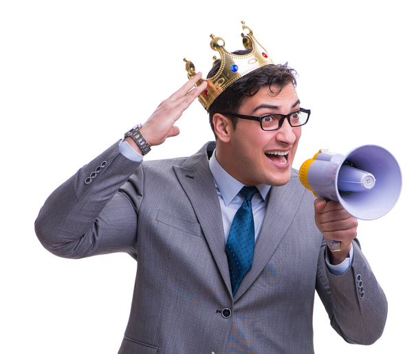 Koning zakenman met een megafoon geïsoleerd op witte achtergrond - Foto, afbeelding