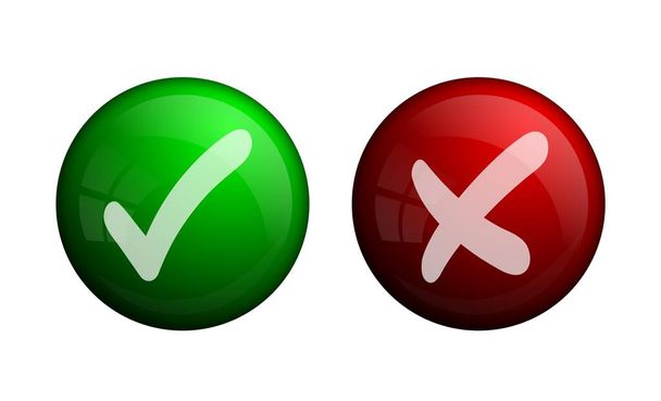 Green check mark, approval mark. Red cross, rejection sign. Vector shiny glass button. Shiny Green checkmark and red cross badge. - Διάνυσμα, εικόνα