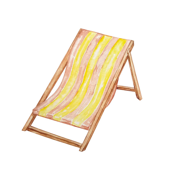 Aquarell brauner Liegestuhl mit gelbem und beigem Streifen - Foto, Bild